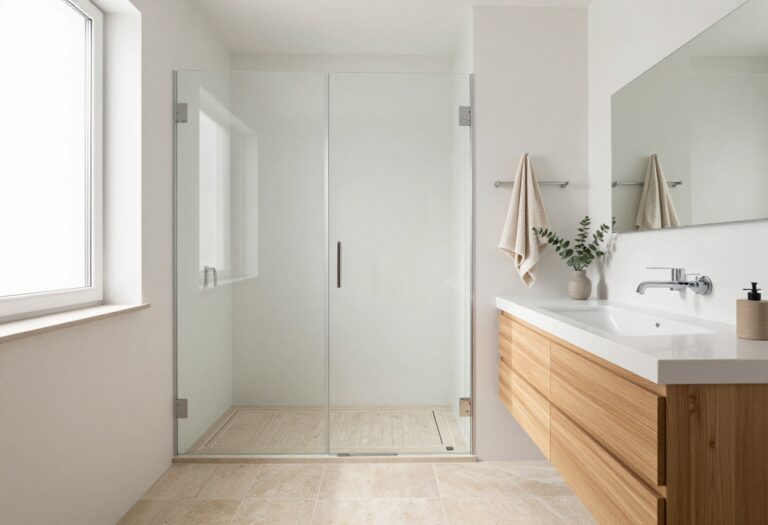 Bright small bathroom with a doorless walk-in shower enclosed by a single glass panel, floating vanity, and natural light.