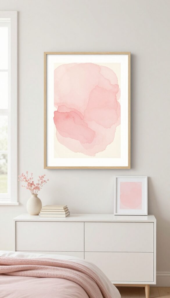 Soft pink abstract watercolor wall art in light wood and white frames hung above a white dresser in a bright cozy bedroom with blush accents