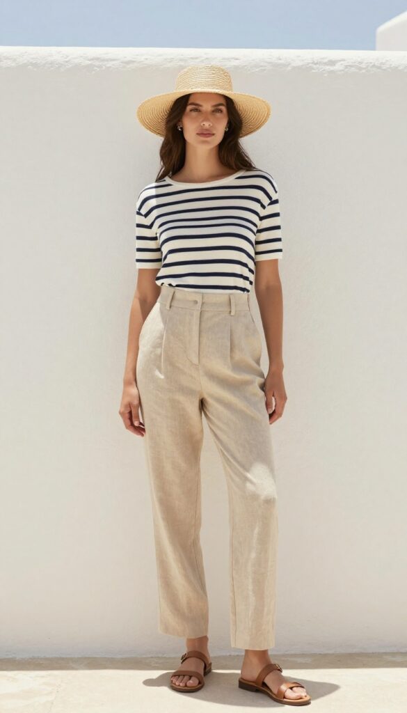 Woman wearing a striped boatneck top and linen trousers in a coastal-inspired setting