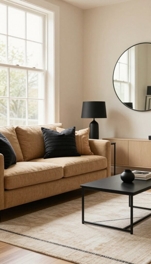 Cozy tan living room with a tan sofa, matte black metal coffee table, black-framed mirror, and black accent pillows in bright natural light