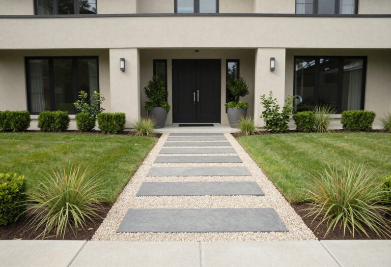Modern front yard with a straight geometric concrete paver walkway, pea gravel joints, and minimalist grouped shrubs leading to a contemporary home in bright natural light