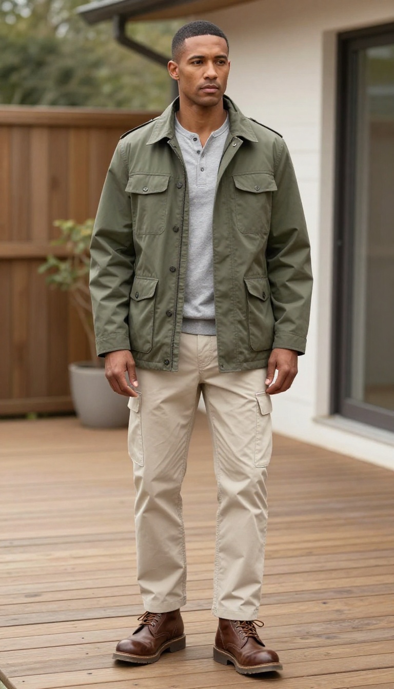 11. Olive Field Jacket with Henley and Cargo Trousers