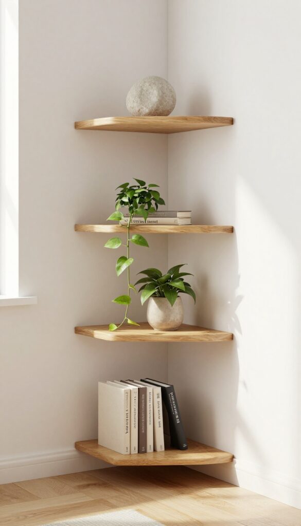Bright bedroom corner with triangular wooden wall shelves holding books, a trailing plant, and small decor, styled for extra storage in a small space.