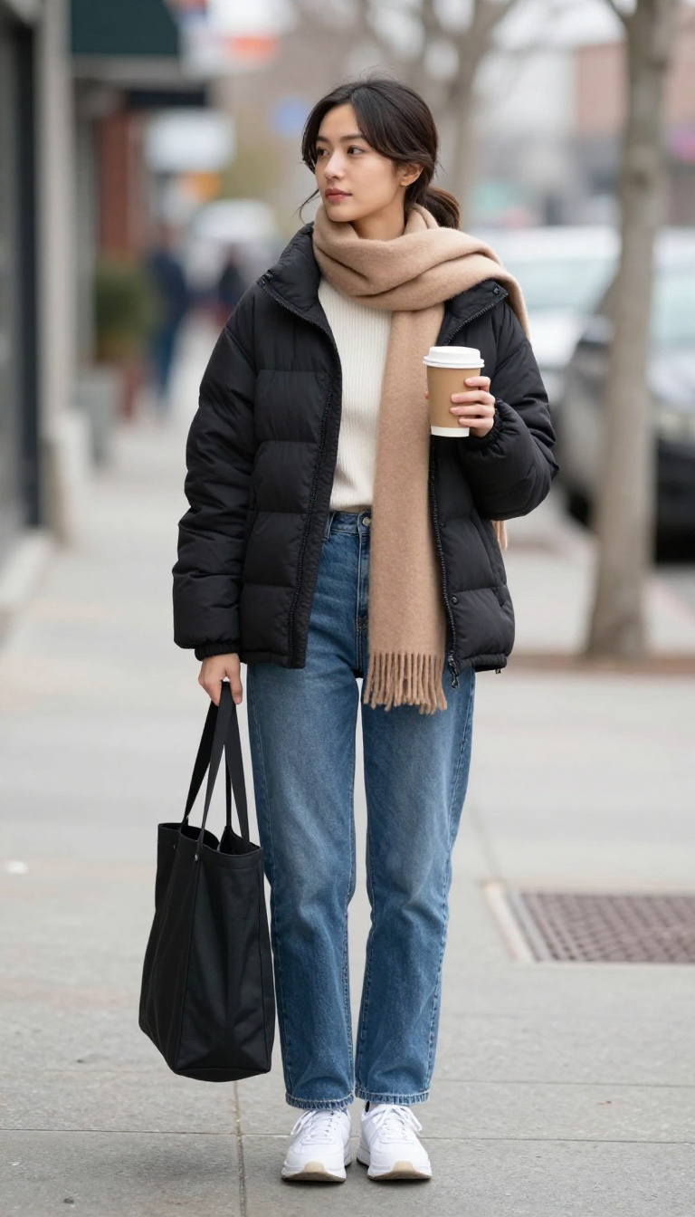 4. Puffer Jacket with Mom Jeans and Chunky Sneakers for Weekend Errands