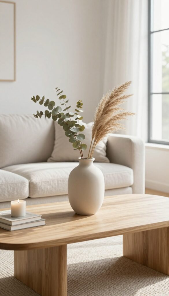 A bright living room coffee table featuring a large matte ceramic vase with dried eucalyptus and pampas grass, styled minimally with books and a candle in natural light.