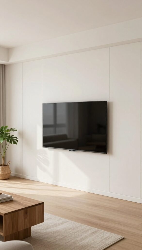 Modern living room TV wall with seamless hidden storage panels and flat-front cabinets that blend into the wall, keeping wires and clutter out of sight in bright natural light.