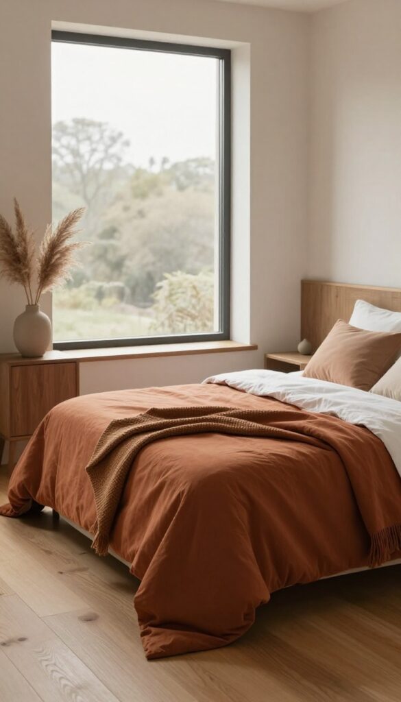 Cozy bedroom with an earth-tone terracotta and olive comforter, neutral sheets, a textured throw blanket, and bright natural light in a warm, grounded setting.