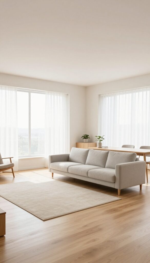 Bright open concept living room with a low-profile sofa floating mid-room and a slim console table behind it, separating the living area from the dining space without walls