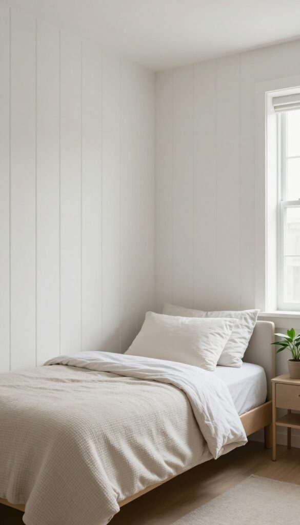Cozy modern single bed against a wall with vertical molding panels, bright natural light, clean minimal styling