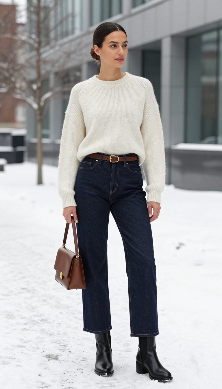 5. High-Waisted Wide-Leg Jeans + Cropped Sweater + Heeled Boots