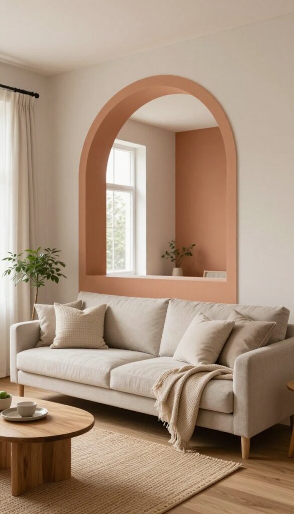 Bright living room with a terracotta painted archway framing the opening between two spaces, styled with a neutral sofa, textured pillows, and a woven rug in natural light