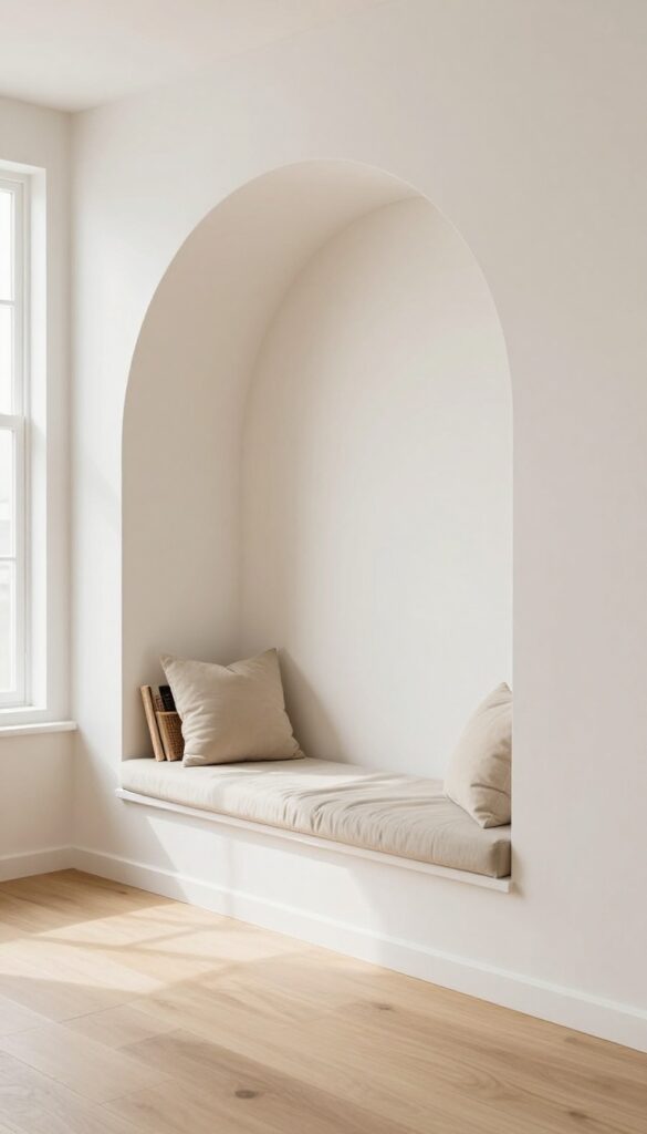 Cozy built-in arched nook in a bright living room with a bench cushion, pillows, and a basket