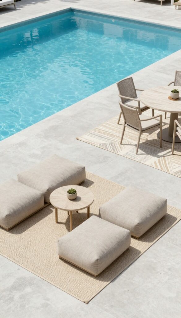 Bright pool deck with outdoor rugs defining lounge and dining zones under natural light