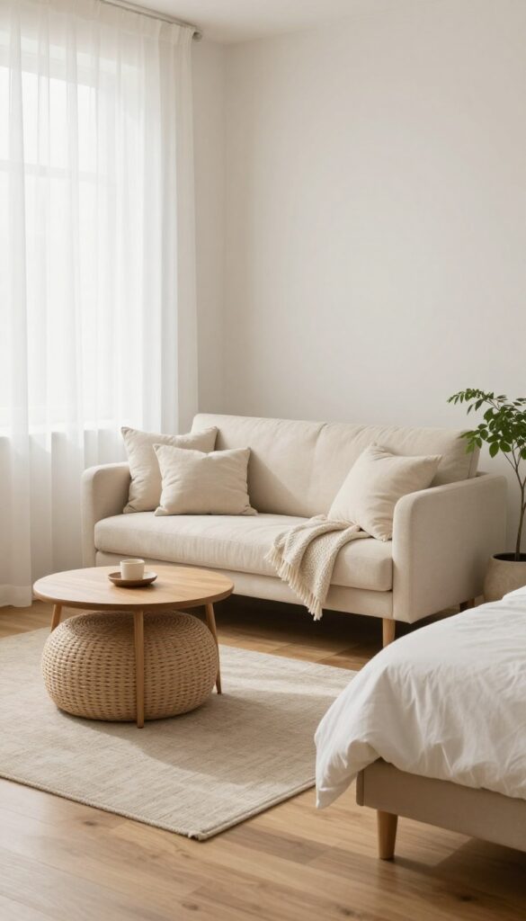 Bright bedroom with a compact cream boucle loveseat lounge area beside a sunny window, styled with a throw blanket, pillows, a small coffee table, and an ottoman