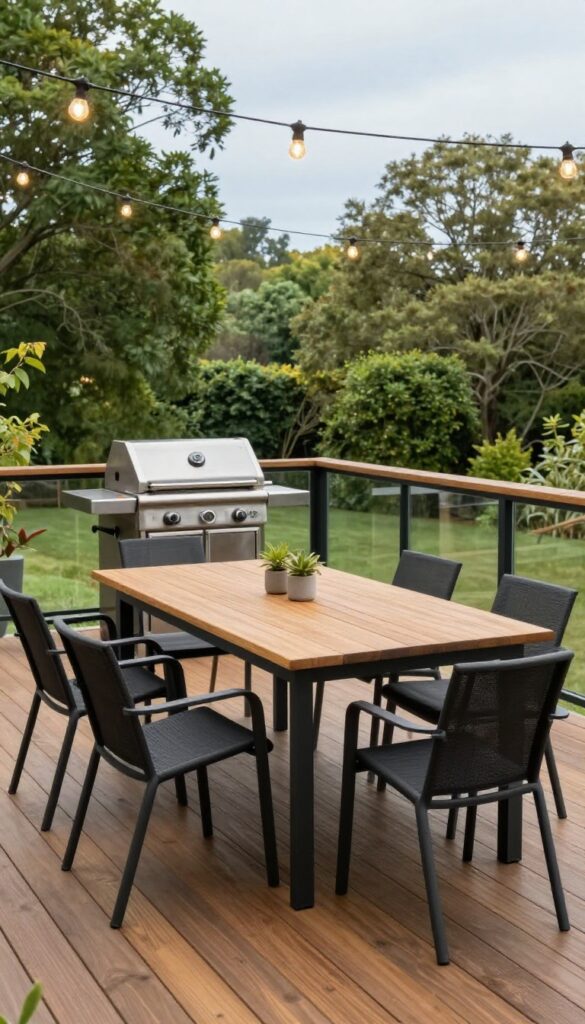 Bright outdoor dining deck with a centered wood and black metal table, four chairs, moisture-rated rug, grill set apart near the railing, and overhead string lights.