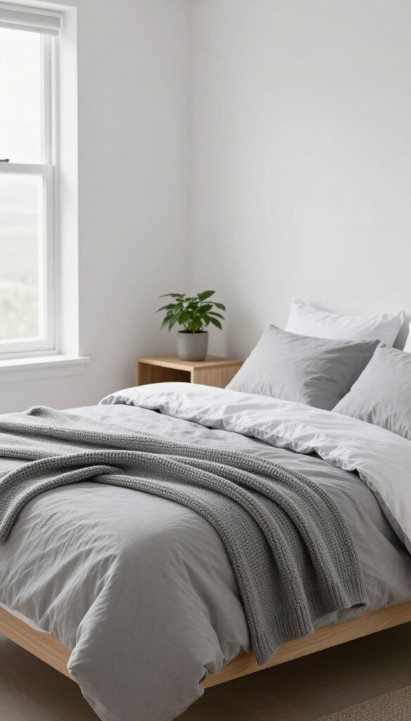 A neatly made bed dressed in soft grey bedding with lighter sheets and a textured knit throw, styled in a bright minimal bedroom with natural daylight