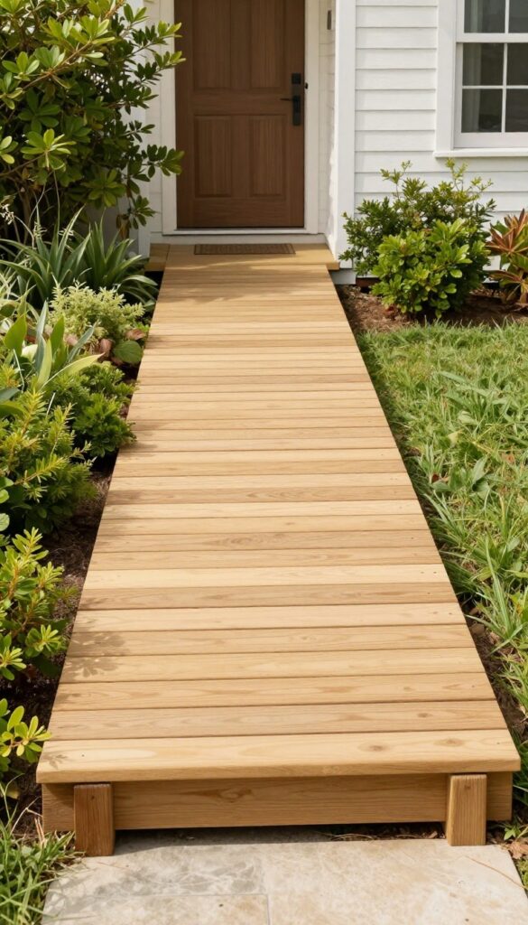 Warm wood plank front yard walkway with a boardwalk-inspired design, elevated slightly above the ground and bordered by lush green plants in bright natural light