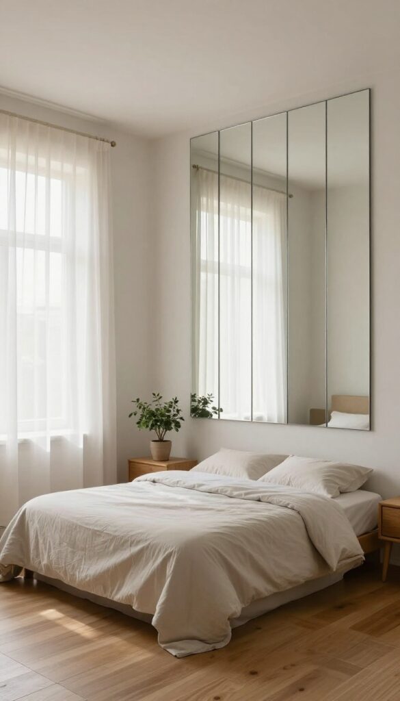 Bright small bedroom with a full-length panel mirror wall made of several tall frameless mirror panels side by side reflecting natural light and making the room feel larger.