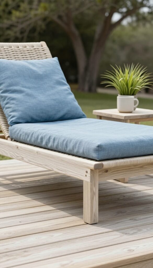 Small backyard deck stained in soft driftwood beige with a linen lounge chair, blue cushion, and potted grasses in bright natural light, creating a calm coastal lounging space