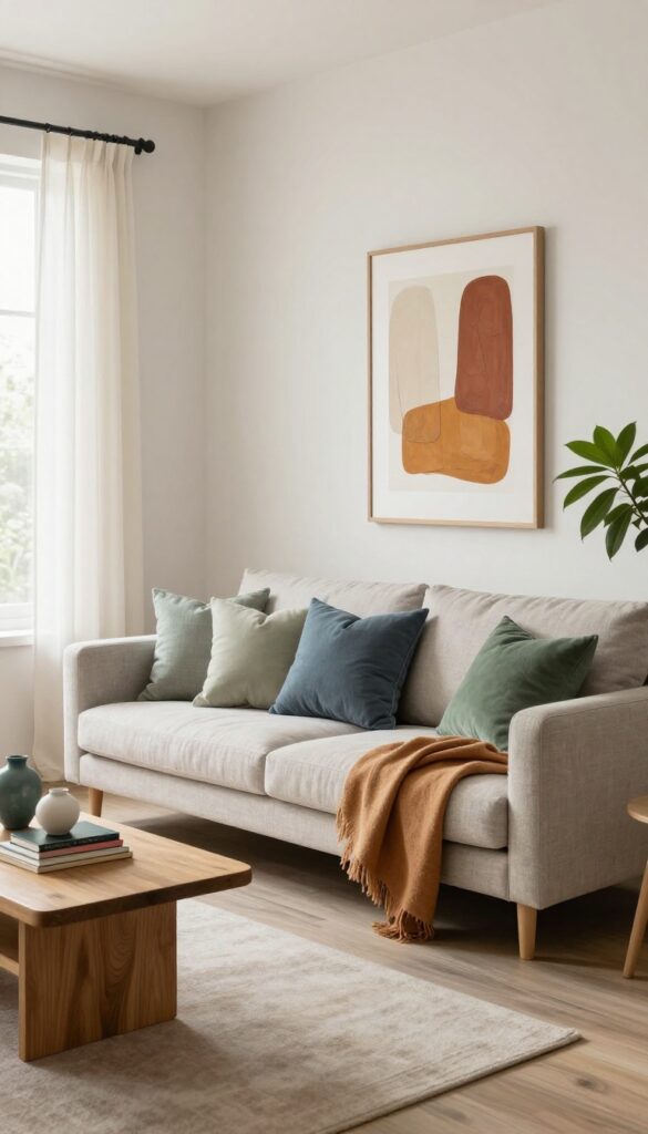 Cozy living room with grey wood floors, neutral walls, and colorful decor including blue and green pillows, warm-toned artwork, books, ceramics, and a potted plant in bright natural light