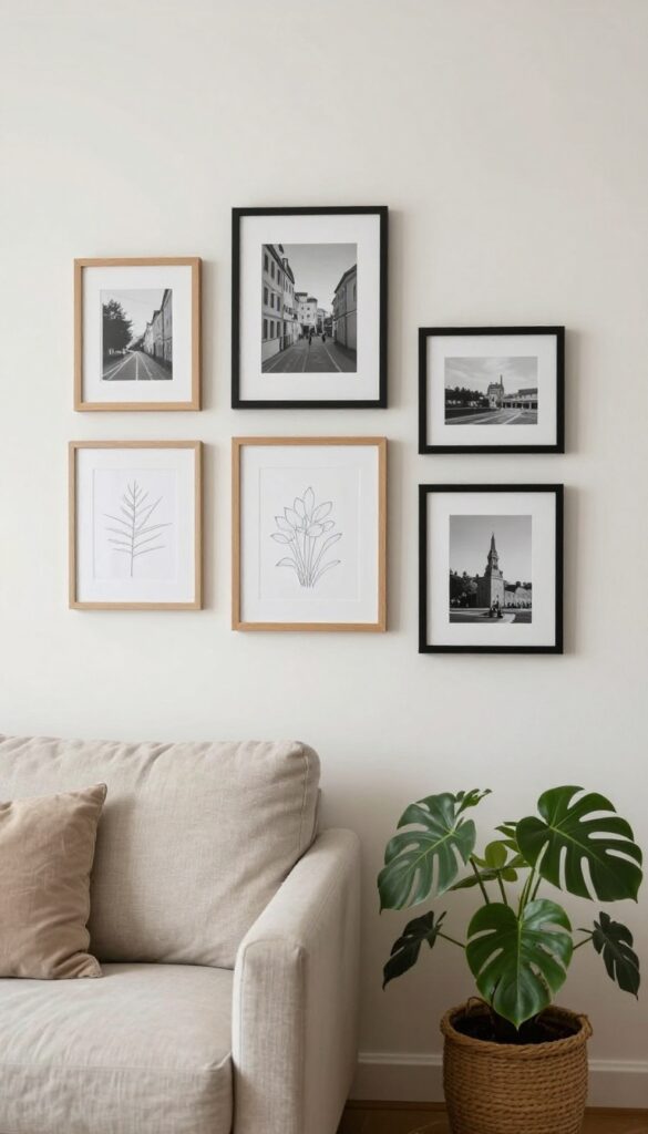 Bright living room wall with a cohesive gallery of framed black and white travel photos, sketches, and fabric scraps in black and wood frames, arranged with generous spacing in natural light.