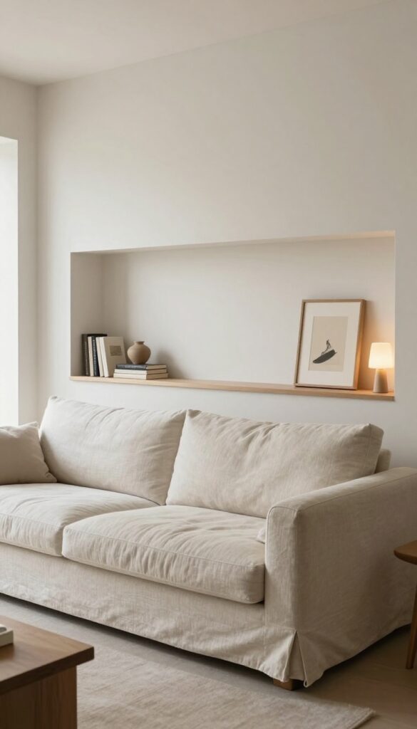 Bright living room with a long horizontal wall niche behind a linen sofa, styled with books, pottery, a small lamp, and a leaned artwork inside the recessed shelf.