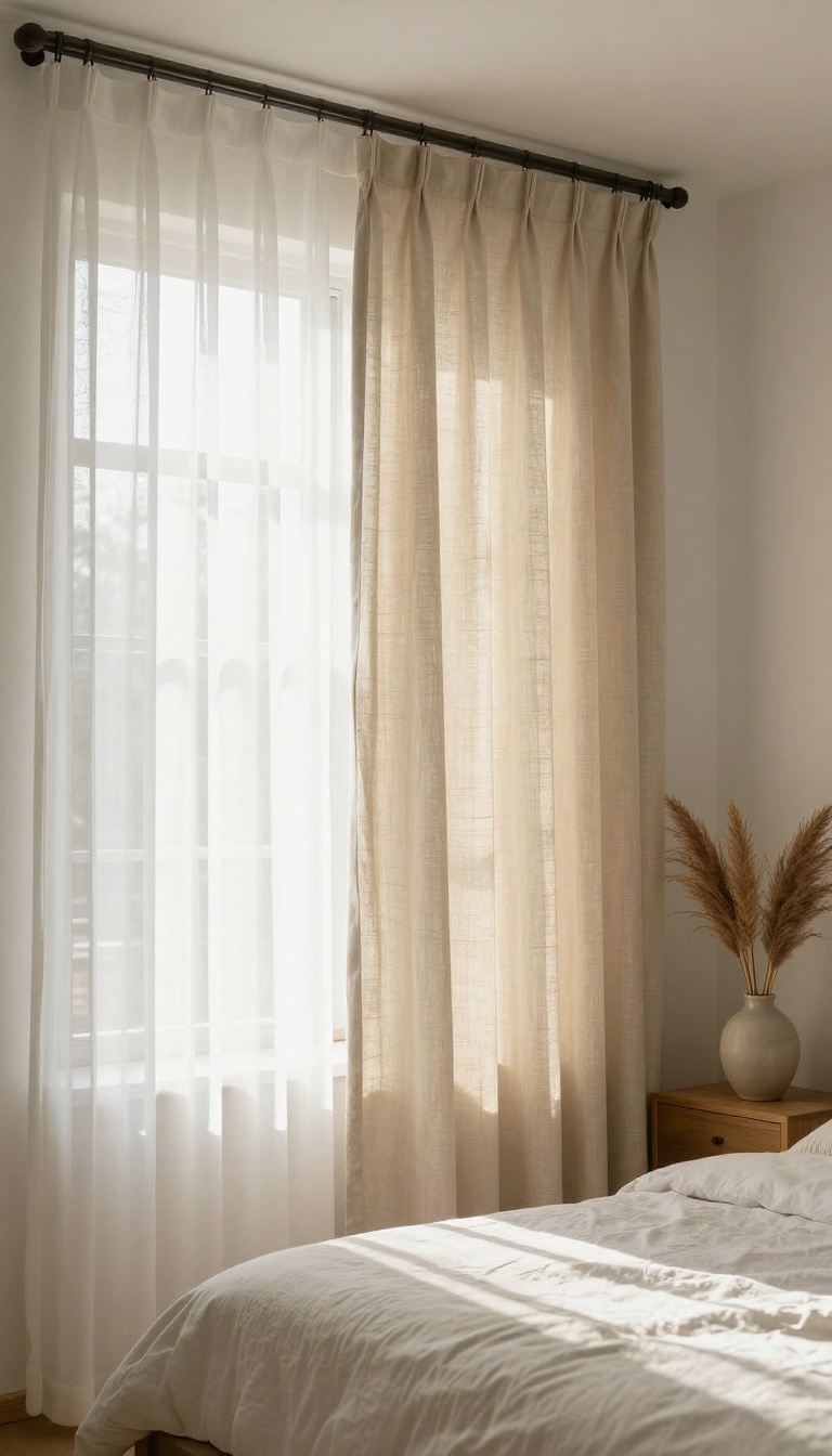 Layered sheer white and oatmeal linen curtains on a bright bedroom window with warm natural light, styled with neutral bedding and a small nightstand