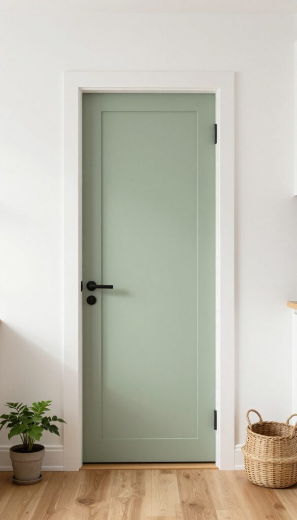A soft sage green pantry door with matte black hardware in a bright white kitchen, lit by natural daylight.