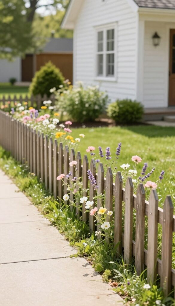 Low rustic wooden picket fence with soft pastel wildflowers spilling along the lawn in front of a white farmhouse on a bright sunny day
