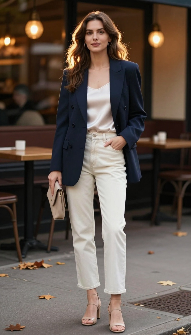 2. Straight-Leg Jeans with Strappy Heels and a Blazer