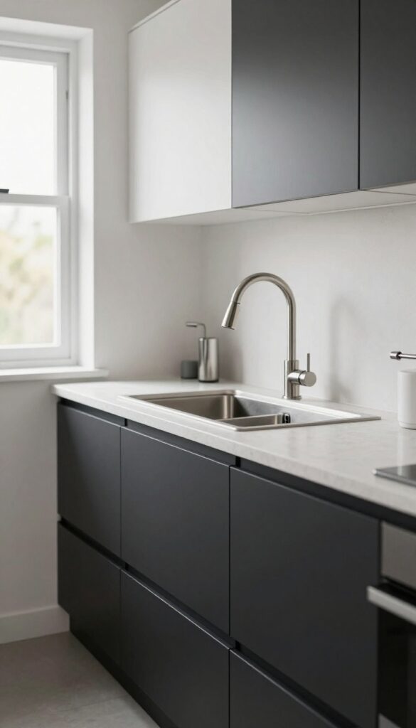 Modern galley kitchen with slim matte black cabinet bar pulls, a high-arc brushed nickel pull-down faucet, and simple flush mount lighting in bright natural light