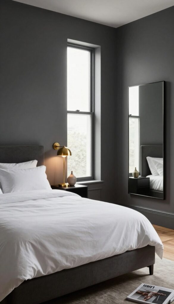 Moody luxe bedroom with charcoal grey walls, white bedding, and brass accents in soft layered light