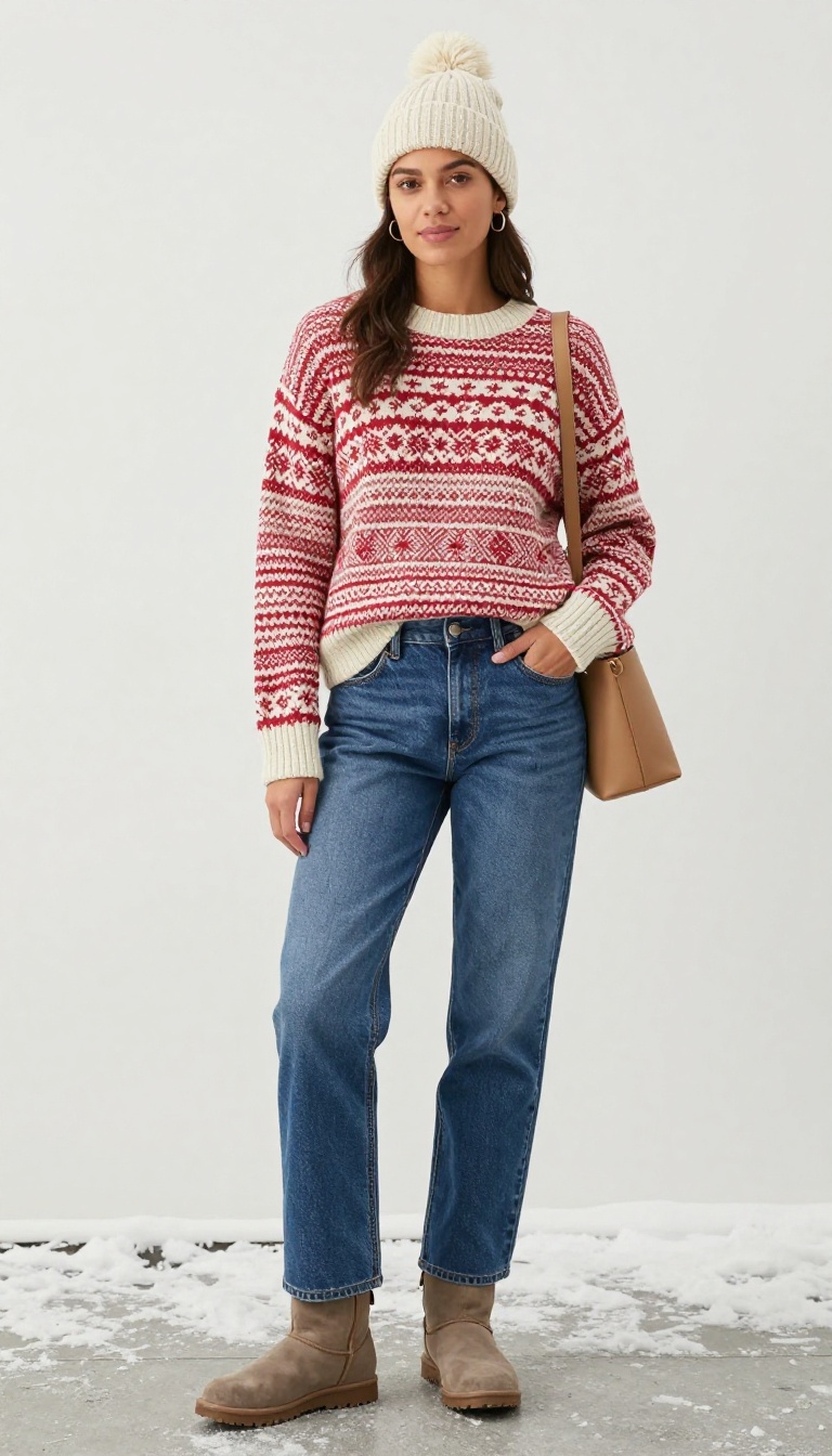 9. Fair Isle Sweater and Straight Leg Jeans