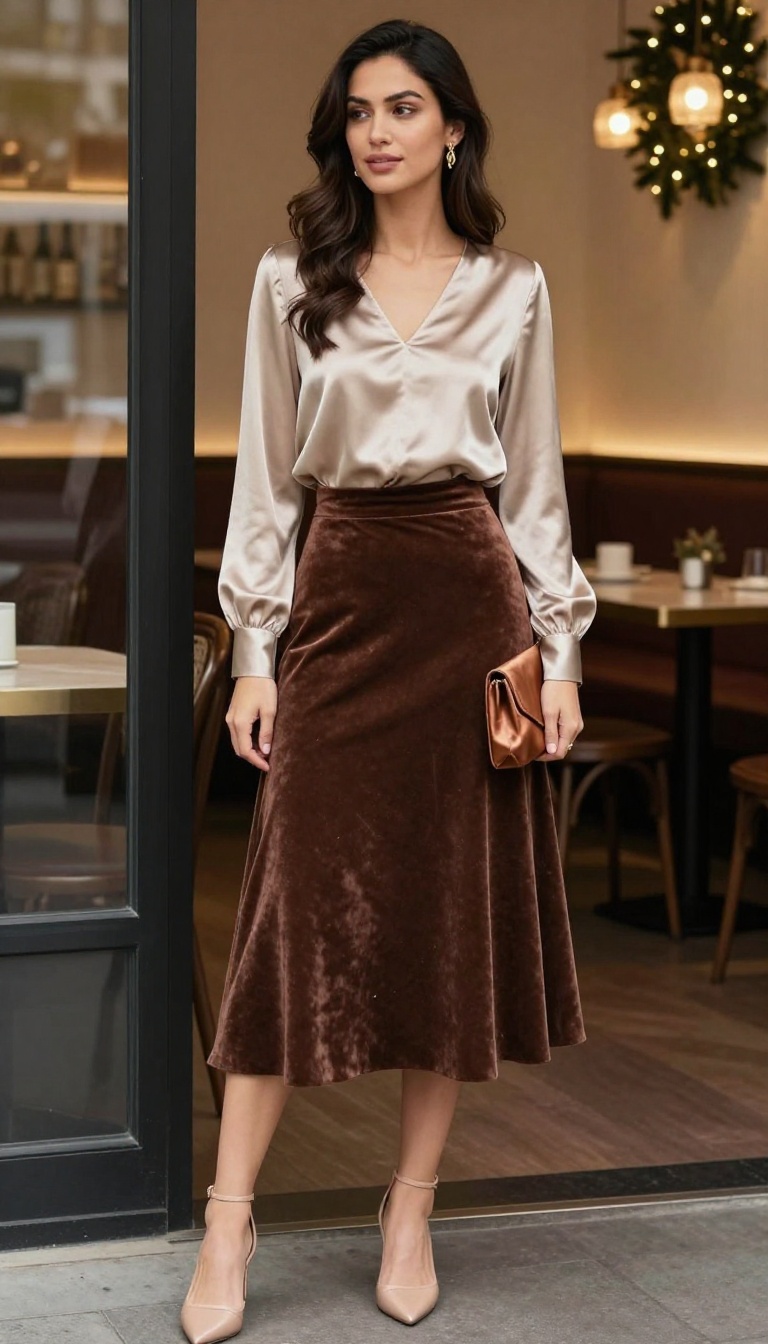 11. Dressy Brown Velvet Skirt with Satin Blouse and Heels