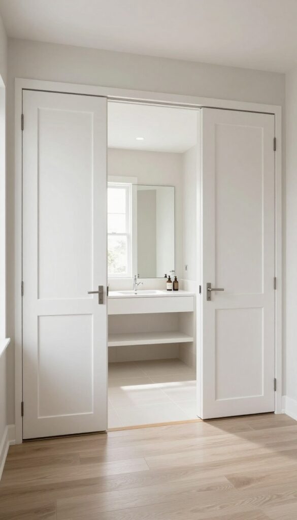 Bright bathroom entrance with matching white double pocket doors slid fully open into both walls, creating a wide symmetrical entry into a sunlit master bathroom.