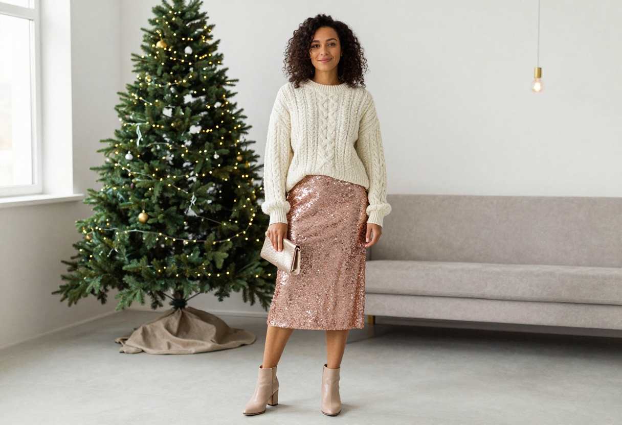 Woman wearing a rose gold sequin midi skirt with a cream cable-knit sweater and nude ankle boots, standing in a festive living room with Christmas decor.