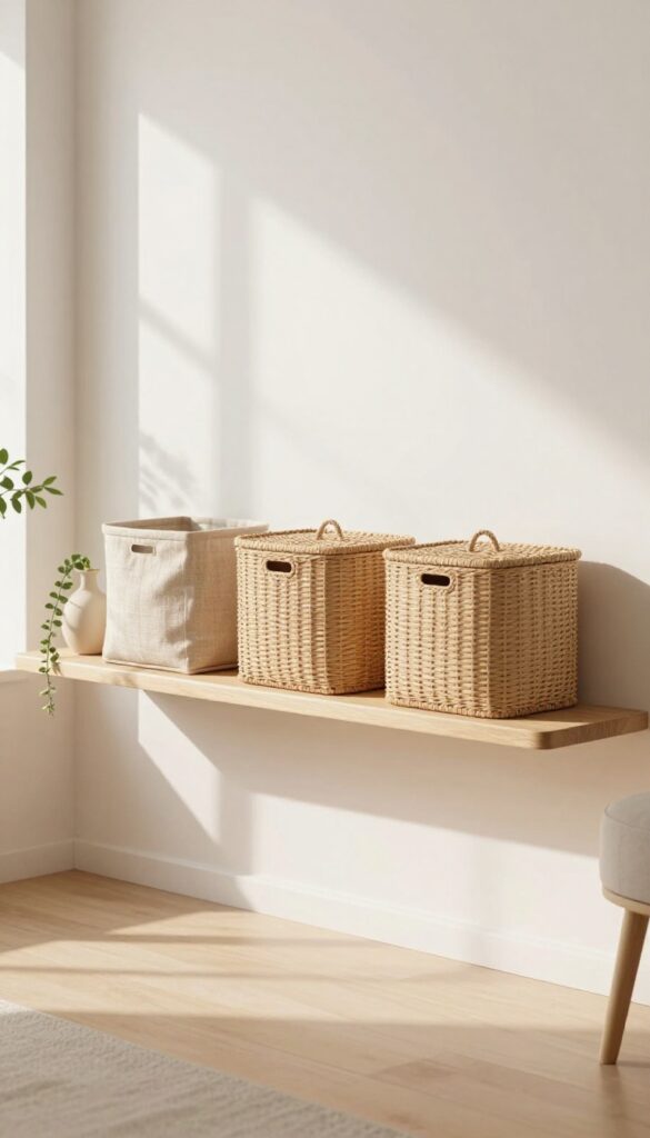 Bright living room wall shelf with matching woven baskets and neutral storage bins hiding everyday clutter, styled with a small plant and ceramic vase in soft natural light.