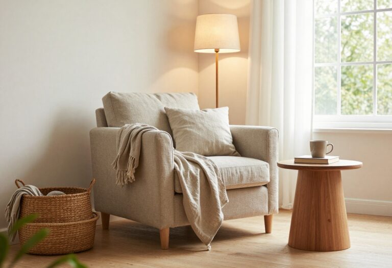 Cozy living room corner reading nook with an armchair, floor lamp, side table, throw blanket, and woven basket in bright natural light