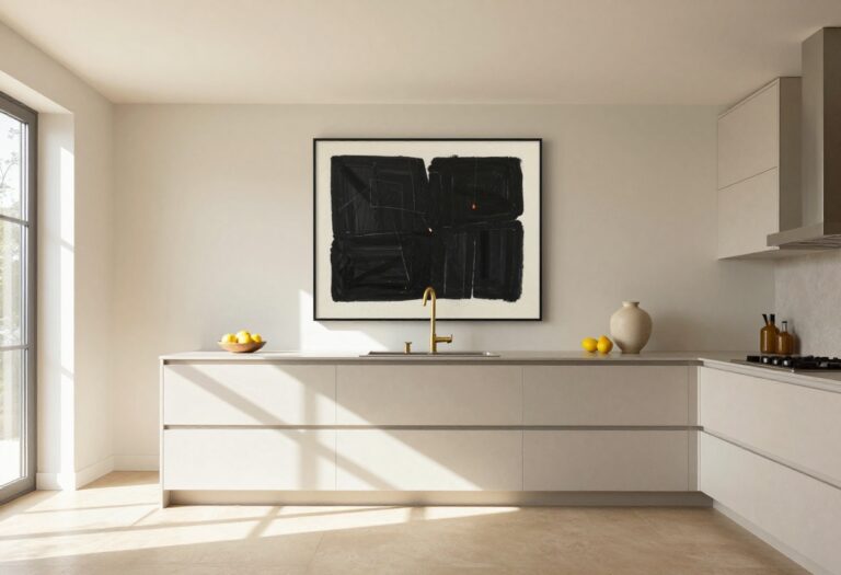 Bright modern kitchen with a large oversized framed abstract art piece filling an empty wall above the countertop