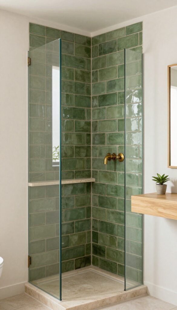 Olive green zellige-style tile shower wall with glossy handmade surface variation, aged brass fixtures, limestone niche, and warm natural light in a clean modern bathroom