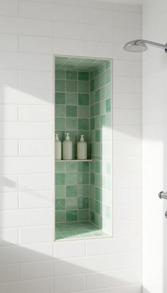 Green and white checkerboard tile shower niche surrounded by white subway tile in a bright, natural-light bathroom.