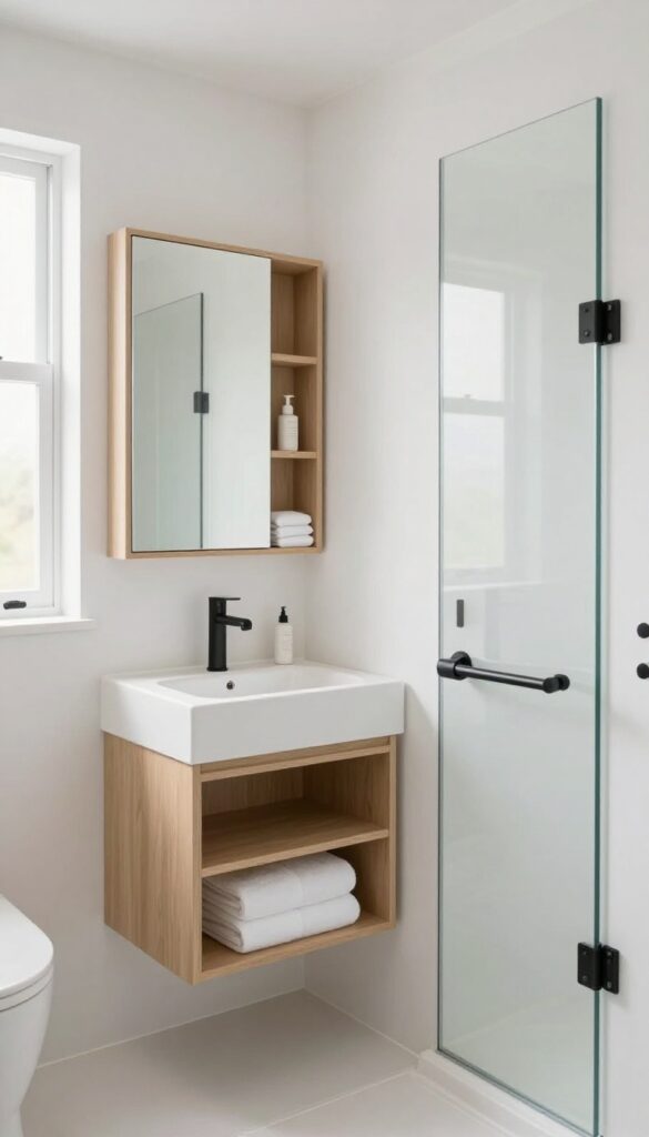 Bright tiny house bathroom with a storage mirror, floating vanity, recessed wall niche, and a towel bar built into a glass shower panel, styled with clean minimalist finishes.