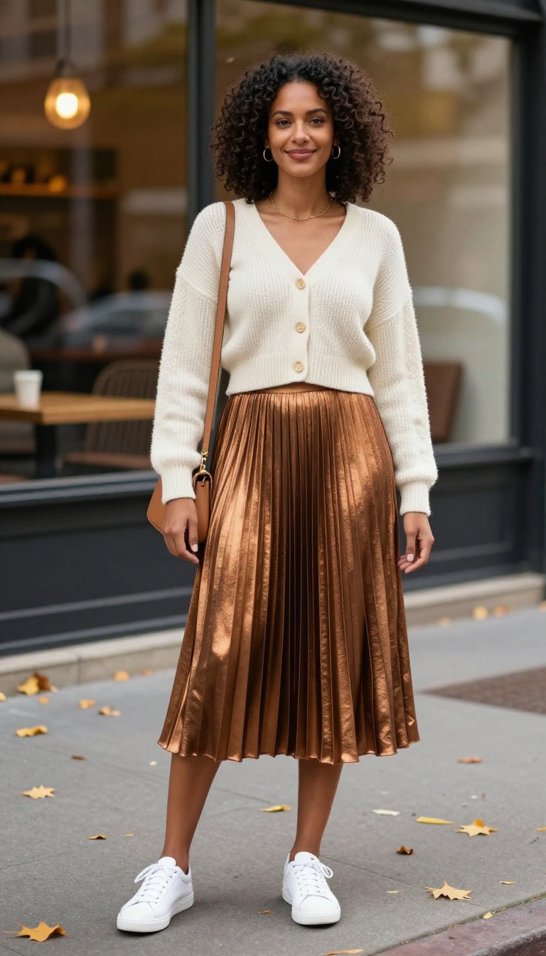 3. Pleated Midi Skirt with a Cropped Cardigan and Sneakers