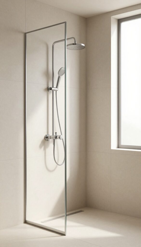 Minimalist neutral tile shower with soft beige matte tiles and bright natural light in a calm modern bathroom