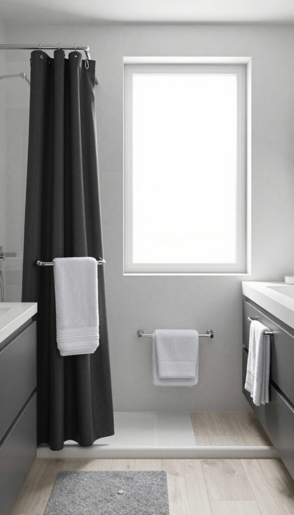 Monochrome bathroom with a black shower curtain, gray towel, white accents, and bright natural light, styled in layered black, gray, and white tones.