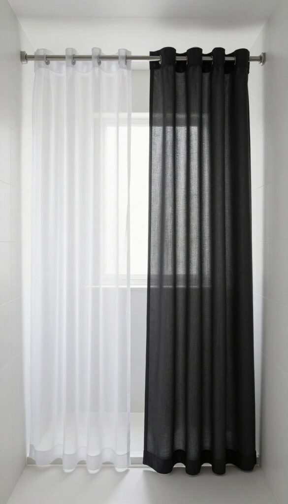 Black shower curtain layered over a sheer white curtain on a double rod in a bright small bathroom, with soft natural light diffusing through the sheer fabric.