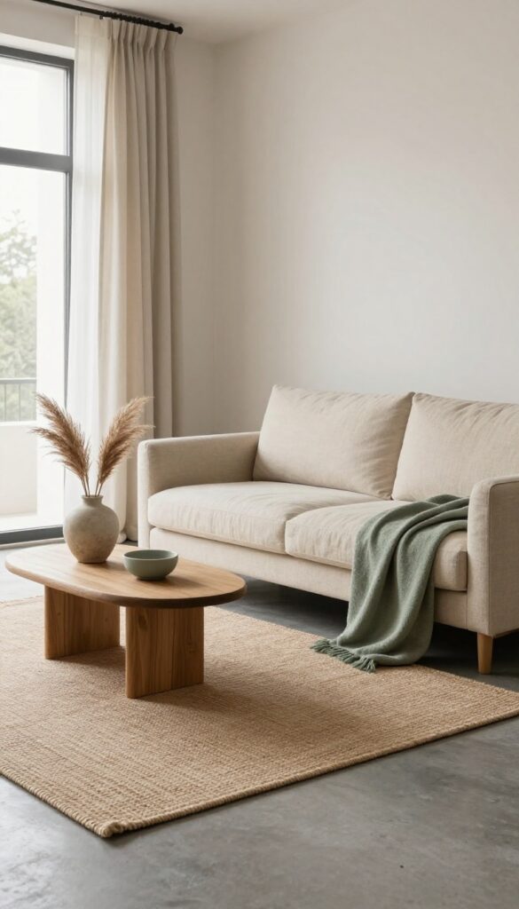 Cozy living room with grey concrete floors styled in a simple intentional palette of warm white, oatmeal beige, and a single sage green accent, with a cream linen sofa, jute rug, oak coffee table, and bright natural light.