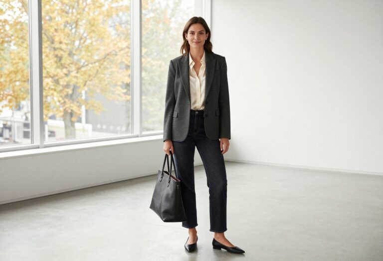 Woman wearing dark jeans, cream blouse, and charcoal blazer in a polished fall office outfit.