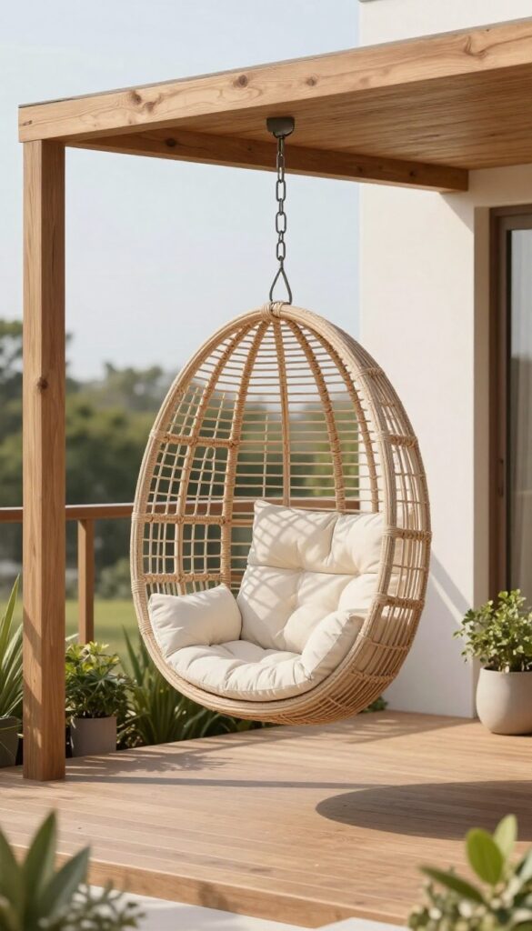 Neutral woven hanging egg chair with cream cushion suspended from a wooden beam on a sunlit outdoor deck, surrounded by grounded patio furniture and potted plants