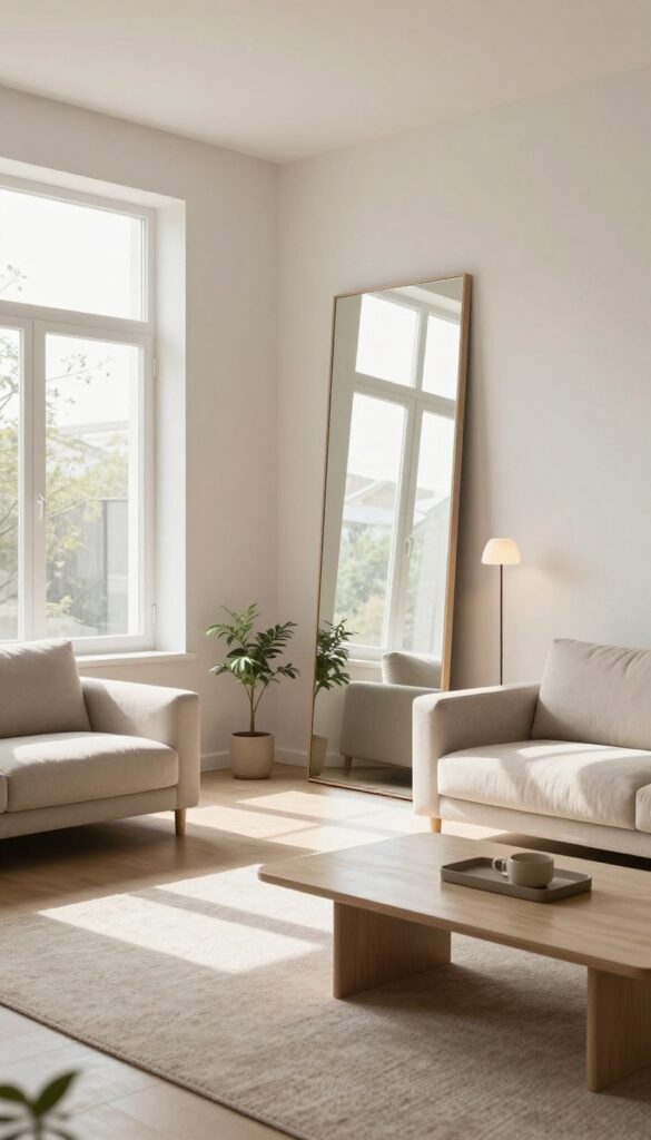 A bright small living room with a tall thin-framed leaning mirror reflecting a sunlit window and open space, making the room feel larger and full of natural light.